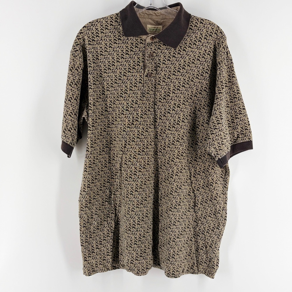 St Johns Bay Shirt Mens Large Vintage 90s Geometric Polo Brown Tan Short Sleeve - Picture 2 of 6